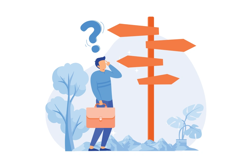 man standing next to signs in various directions